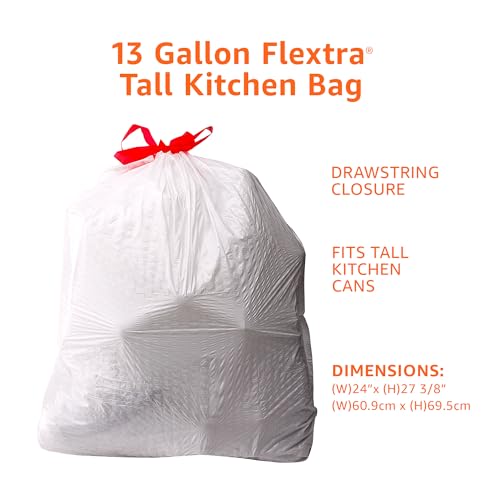 Amazon Basics 13 Gallon Flextra Strength Tall Kitchen Drawstring Trash Bags, Tear Resistant, 90 count