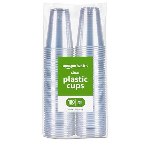 Amazon Basics Small Disposable Clear Plastic Cups, 9oz, 100 Count, Packaging May Vary