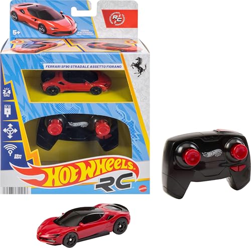 Hot Wheels RC Ferrari SF90 Stradale Assetto Fiorano, Toy Car | Remote-Control 1:64 Scale Toy Car Recharges with USB Cable, Race On and Off Track, Booster Button for Speed