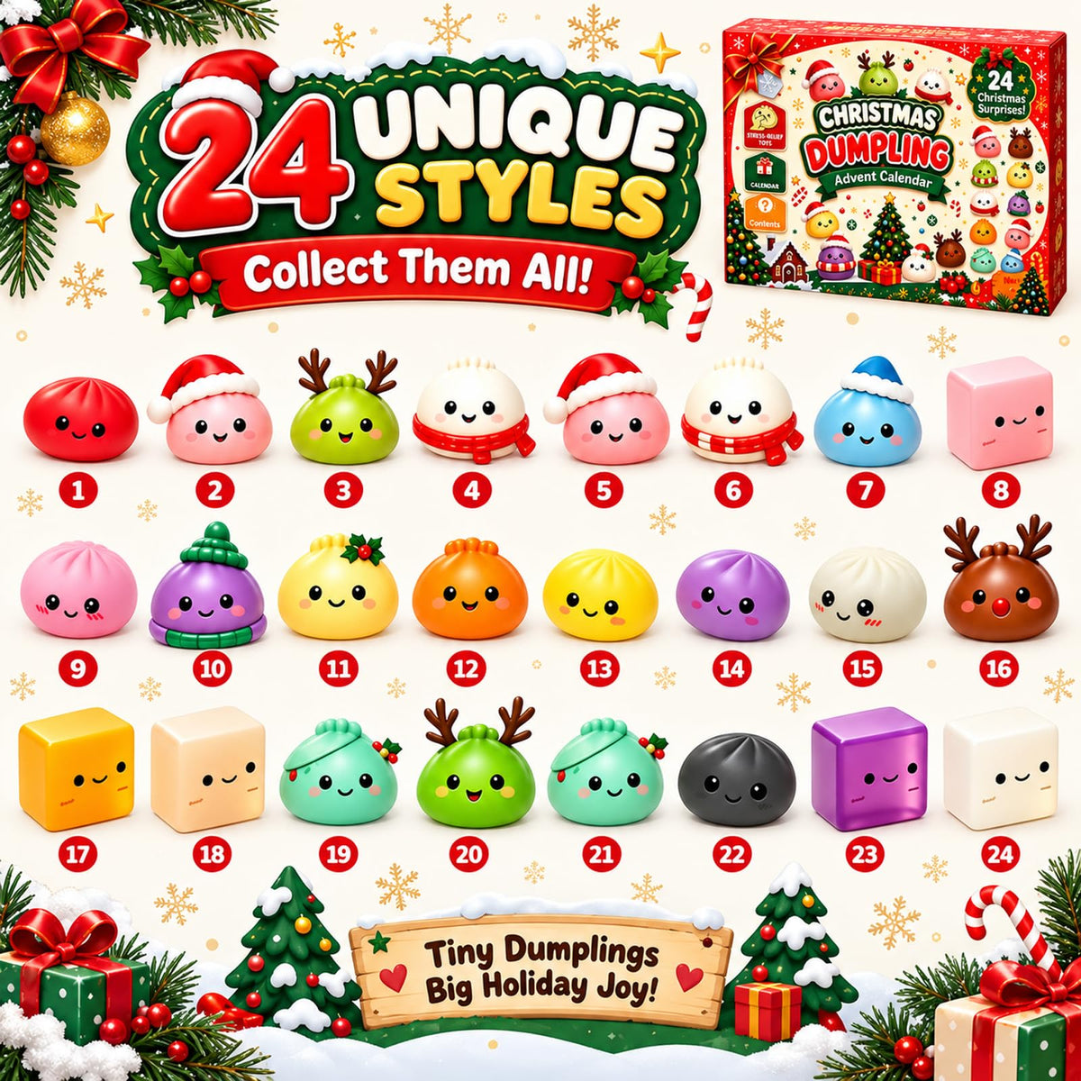 Squishy Advent Calendar 2026, 24-Day Christmas Gift with Mini Squishies (F) | Enjoy 24 days of Christmas surprises with soft mini squishies, festive characters, and a colorful gift box.