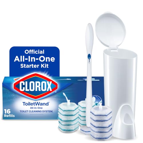 Clorox ToiletWand Toilet Cleaning Kit, 1 Starter Kit with 16 Refill Heads | 3-in-1 Starter Kit with Toilet Brush Wand, Storage Caddy and Disposable Refill Heads, Kills 99.9 Percent of Germs