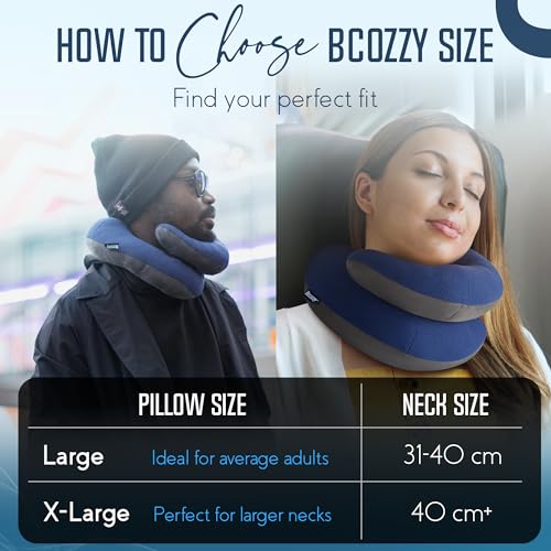 BCOZZY Travel Neck Pillow for Airplane, Head & Chin Support, Large Navy | Rest comfortably on flights and road trips. Arrive refreshed. Soft, adjustable, washable and lightweight, with a carry bag.