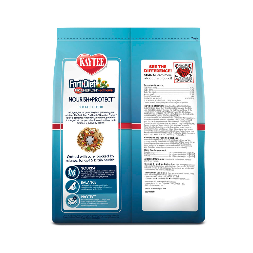 Kaytee Forti-Diet Pro Health+Safflower Nourish+Protect Cockatiel Food | Supports digestive health. Bird food cockatiel with safflower and flaxseed. Cockatiel seed, prebiotics, probiotics