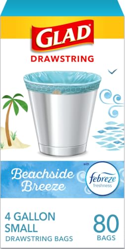 Glad Small Trash Bags, Great for Office, Bathrooms and Bedroom Bins, Beachside Breeze Scented Garbage Bags, Odor Resistant with Drawstring, Febreze Freshness, 4 Gallon Trash Bags, 80 Count