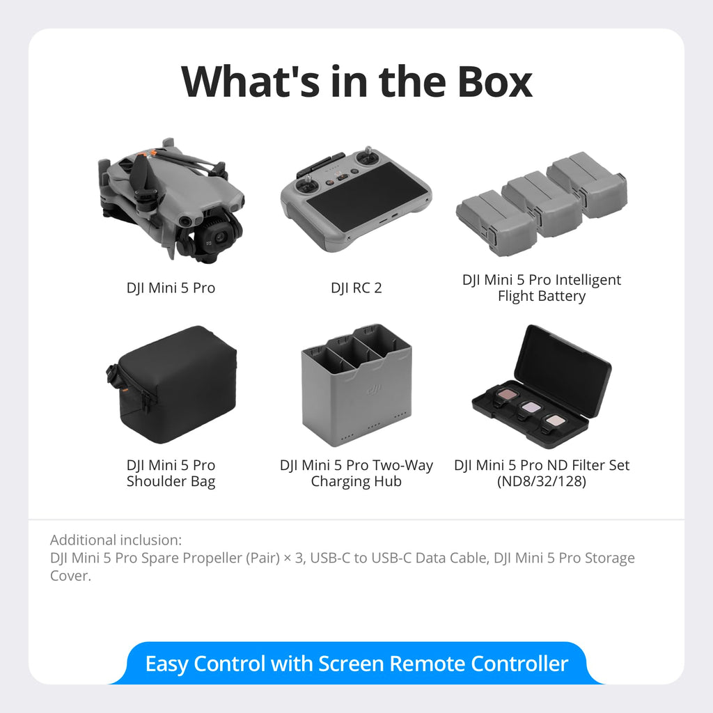 DJI Mini 5 Pro Fly More Combo With DJI RC 2, 1-Inch CMOS | 4K Drone for Beginners With Omnidirectional Obstacle Sensing, ActiveTrack 360°, 225° Gimbal Rotation, 3 Batteries