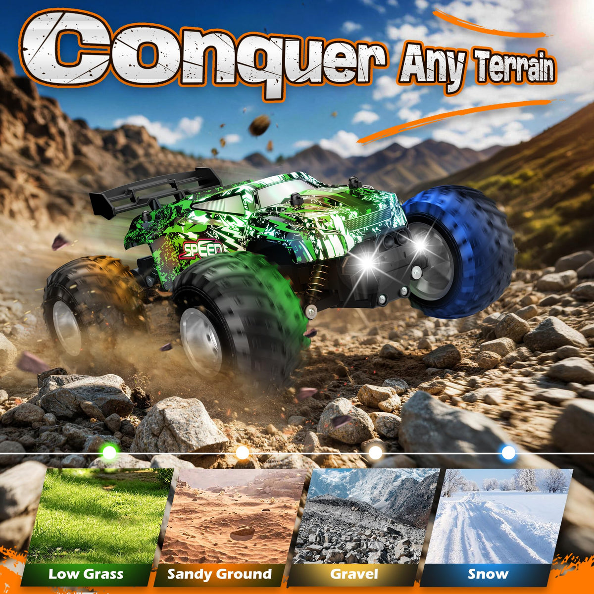 Remote Control Car All-Terrain 1:18 Rc Car with LED Lights 2 Batteries | 2WD Rc Truck, 50Min Play, 2.4GHz, 20KM/H Sturdy Off Road Remote Control Truck Toys for Boys Girls, Christmas Birthday Gift