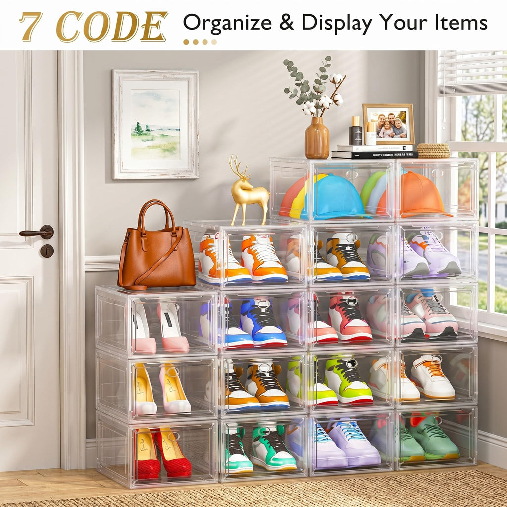 Sturdy Clear Shoe Organizer with Magnetic Door, Stackable Shoe Storage Box | Thick Plastic Shoe Storage for Sneakers & Boots, Collapsible Closet Shoe Rack and Clear Shoe Box, 6 Pack White