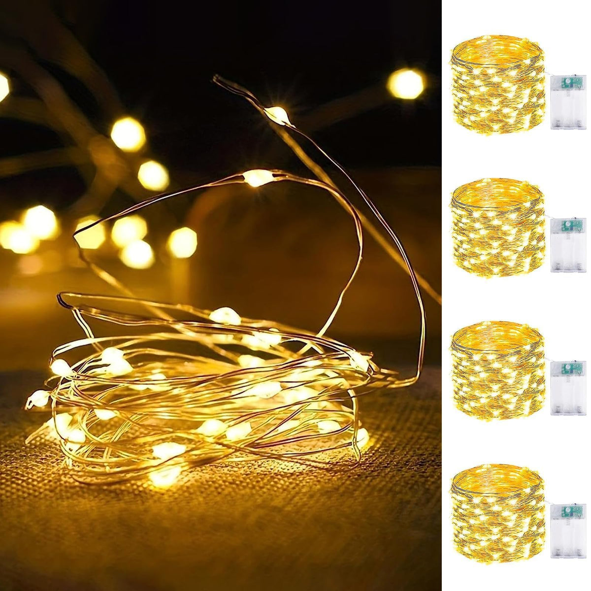 4 Pack Fairy Lights Battery Operated 16FT 50 LED String Lights Warm White | 6Hr On / 18Hr Off Timer, Flexible Waterproof Silver Wire, Cuttable Starry Fairy Light for Bedroom Dorm Wedding Home Christmas