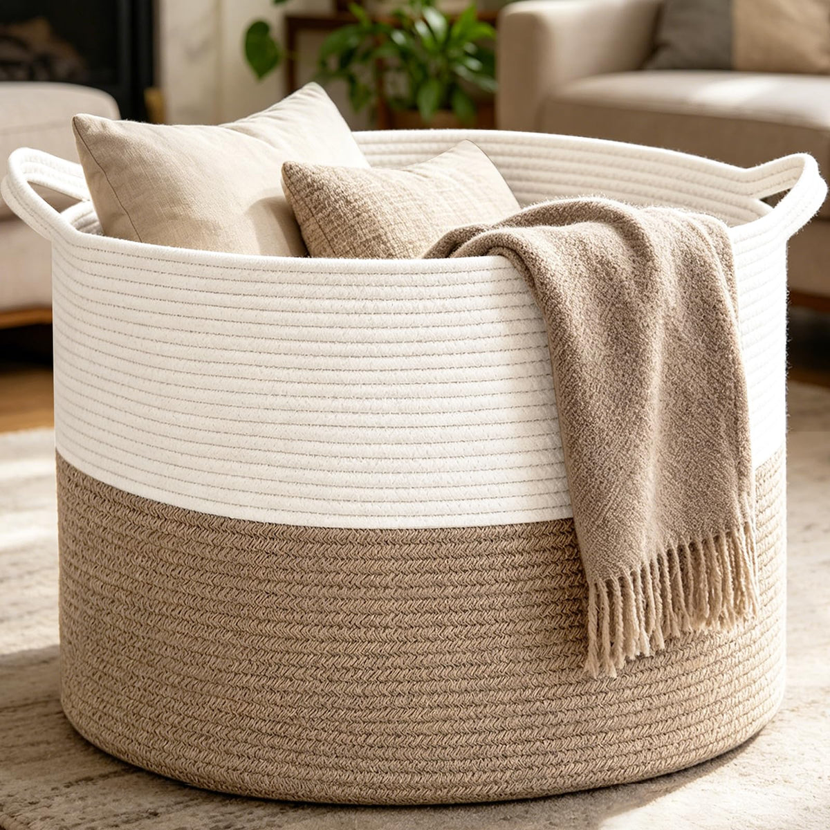 HZFTJOY Large Woven Blanket Basket,65L Cotton Rope Laundry Basket | Collapsible Nursery Storage Bin with Sturdy Handles for Clothes, Toys, Pillows, Living Room Bedroom Bathroom - White & Brown