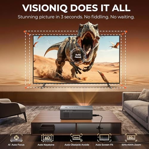 Smart Projector-4K with Wifi Bluetooth, AI Auto Focus Keystone Outdoor Home Theater VIDAA Movie Projector Built-in Apps, 60W Dolby, Airplay, Voice Control, Live TV, Ceiling, Gaming, Camping