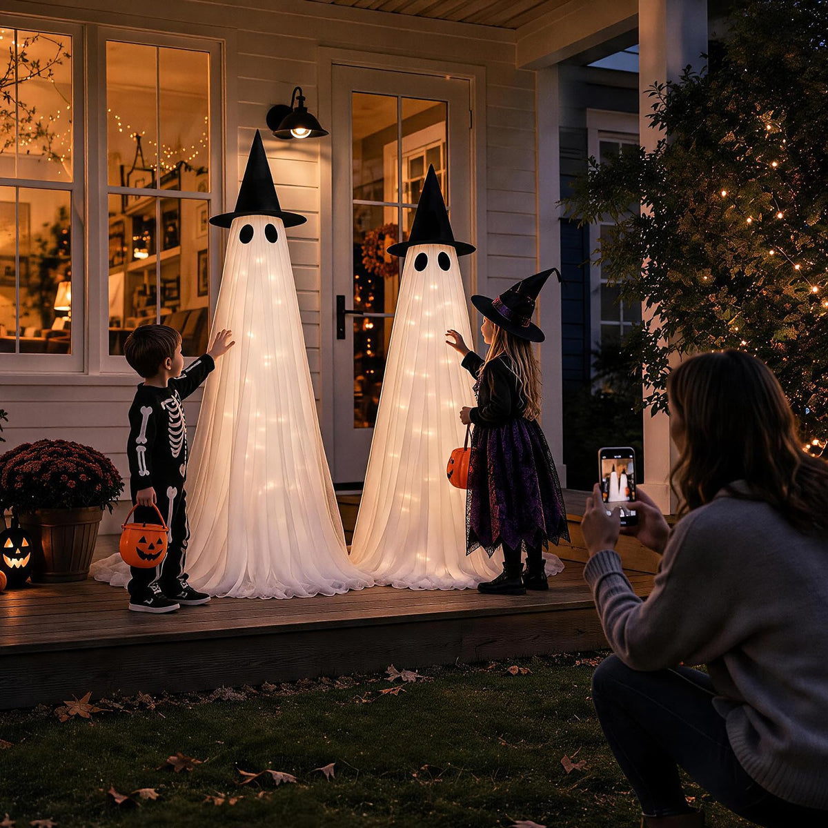 2 Pack 5 Ft Large Light Up Ghost Decor - Halloween Decorations Outdoor | Double-layered fabric, water bags and stakes, 8 light modes with timer, battery or USB power for porch and lawn