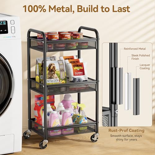 YASONIC 3 Tier Metal Rolling Cart, Black Utility Storage Cart with Wheels | Metal Mesh Craft Cart With Hooks & Hanging Cups, Ideal For Kitchen, Bathroom, Office, Dorm, Art Workspace, Bedside Storage