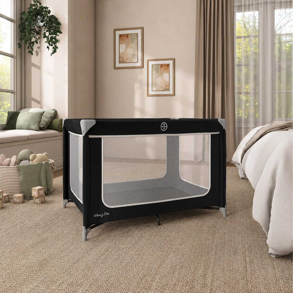 Dream On Me Zodiak Portable Playard, Compact for Travel, Carry Bag, Black | Removable Mattress Pad, Mesh Sides, Quick Fold, 30 Lb Limit - ASTM Tested for Infants & Toddlers, Indoor & Outdoor Use
