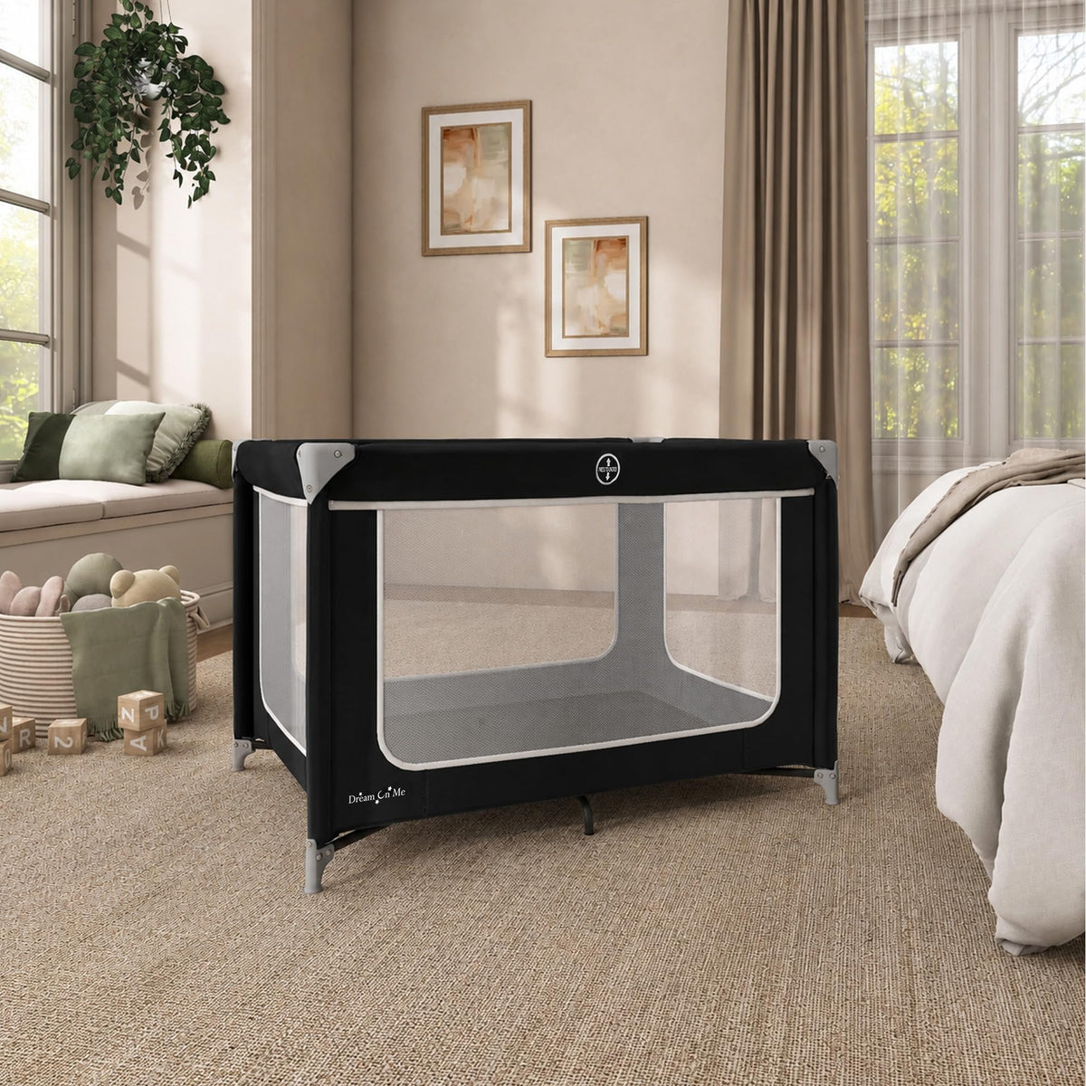Dream On Me Zodiak Portable Playard, Compact for Travel, Carry Bag, Black | Removable Mattress Pad, Mesh Sides, Quick Fold, 30 Lb Limit - ASTM Tested for Infants & Toddlers, Indoor & Outdoor Use