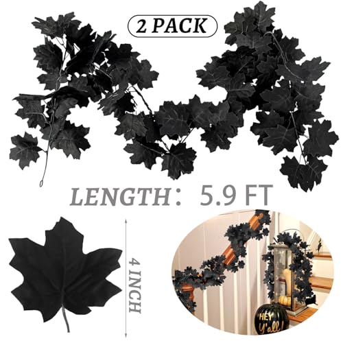 2Pcs Black Maple Leaf Garland Halloween Artificial Fall Leave Vines | 11.8FT, Fall Floral Garlands Thanksgiving Decor for Home Wedding Party
