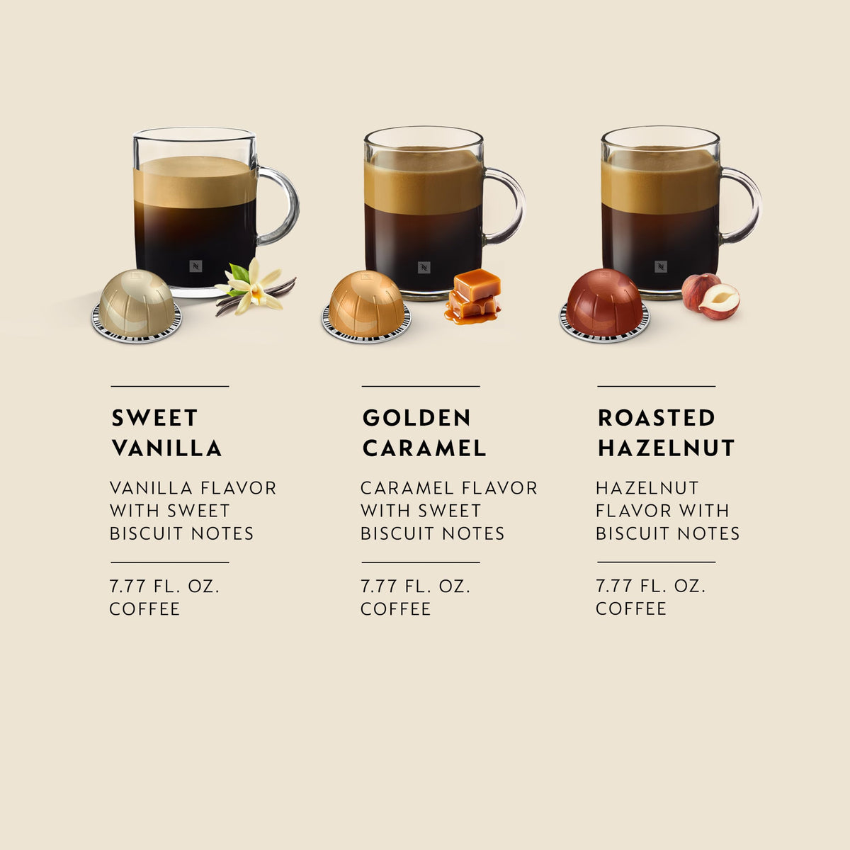 Nespresso Vertuo, Barista Flavored Pack, Medium Roast, 30-Count Coffee Pods | Medium-Roast Coffee Capsules, Caramel, roasted hazelnut and sweet vanilla flavors