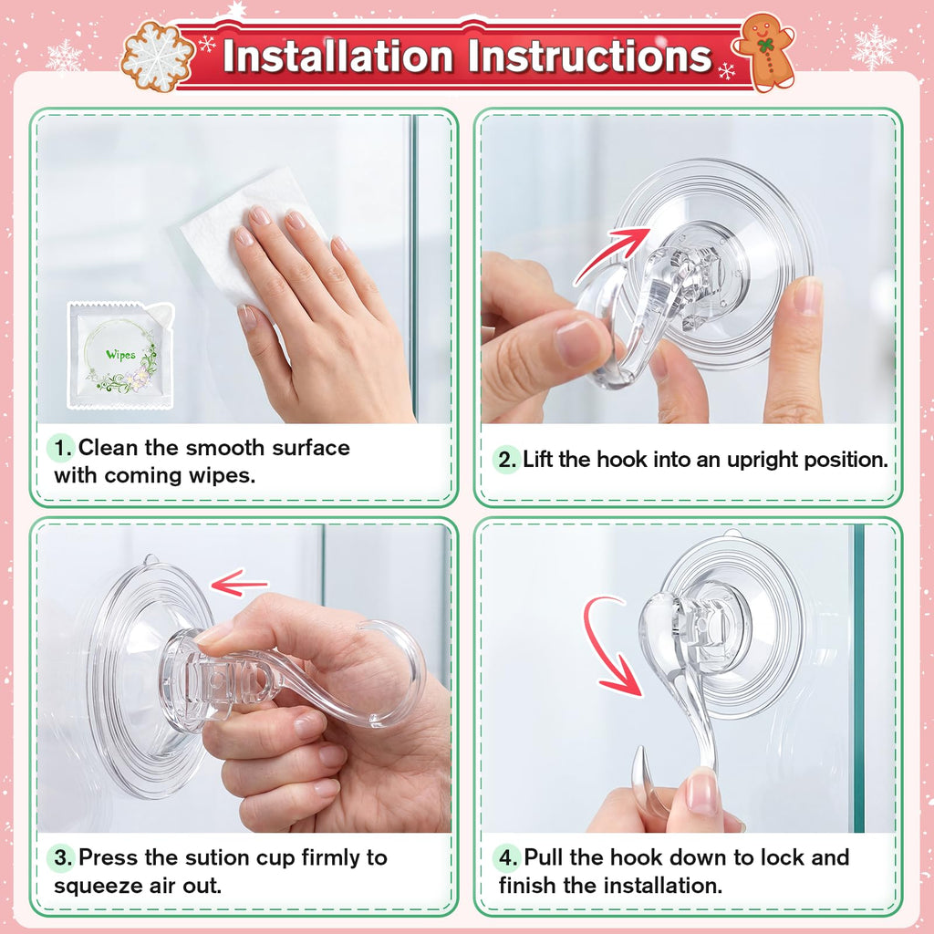 VIS'V Suction Wreath Hanger with Wipes, 22 Lb Capacity, Large, Clear, 2 Pcs | Heavy Duty, Removable and Reusable, Invisible Design, Locking Technology, Dual Vacuum Suction, Fit for Smooth Flat Surfaces