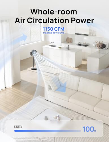 DREO Pedestal Fan for Bedroom, 100ft Airflow, Quiet DC Motor Standing Fan | 9 Speeds & 4 Modes, 120° Manual Vertical Tilt Floor Fan, 37-42" Adjustable Height, 8H Timer for Home Office