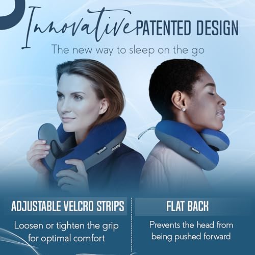 BCOZZY Travel Neck Pillow for Airplane, Head & Chin Support, Large Navy | Rest comfortably on flights and road trips. Arrive refreshed. Soft, adjustable, washable and lightweight, with a carry bag.