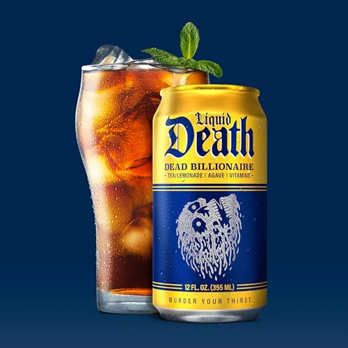 Liquid Death Iced Tea - Dead Billionaire (Black Tea/Lemonade), Less Sugar*, Boost of Caffeine, B Vitamins, No Artificial Sweeteners, 12 Fl Oz (Pack of 12)