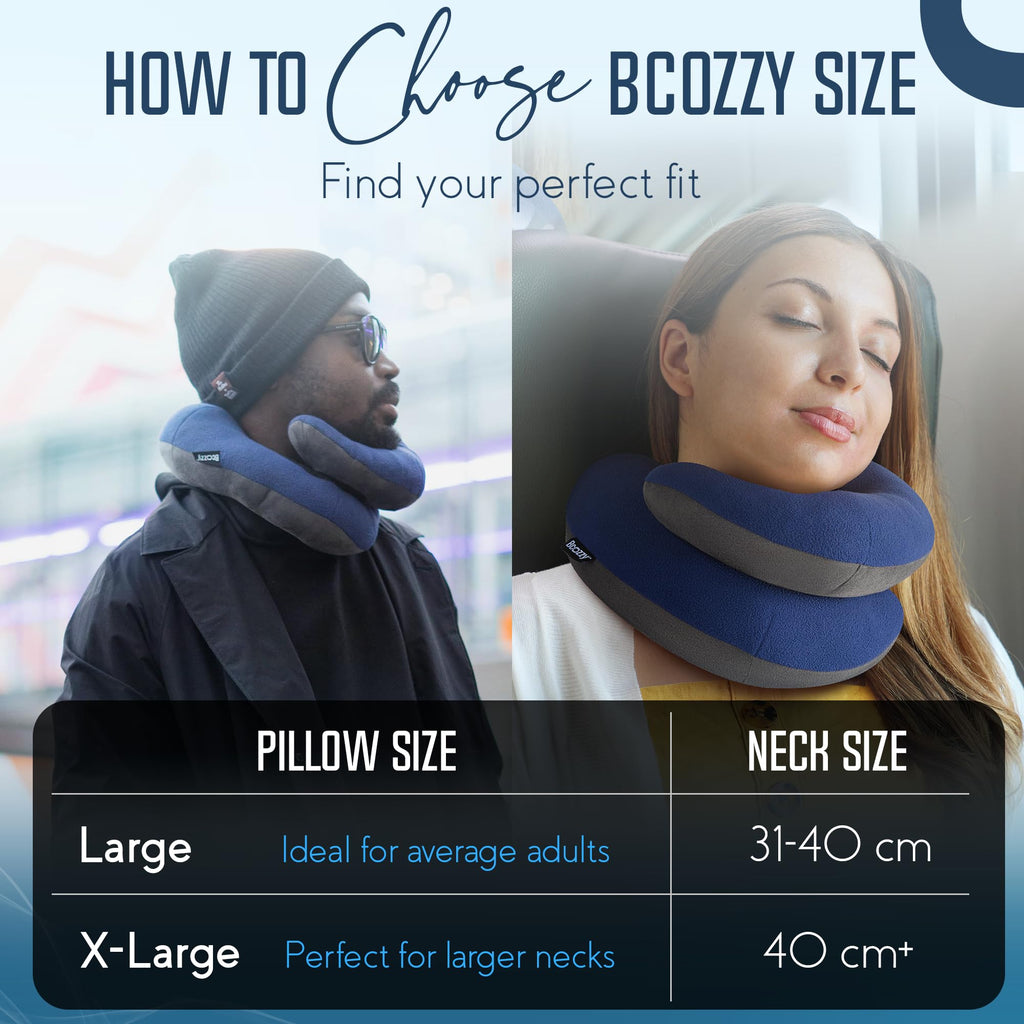 BCOZZY Travel Neck Pillow for Airplane, Head & Chin Support, Large Navy | Rest comfortably on flights and road trips. Arrive refreshed. Soft, adjustable, washable and lightweight, with a carry bag.