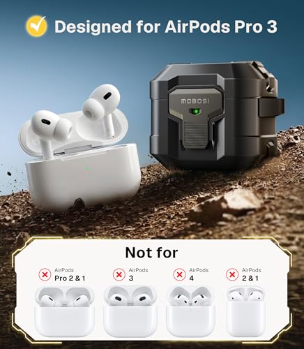 MOBOSI for AirPods Pro 3 Case 2025 with Drop-Proof Lock, Black | Cleaning Kit & Keychain, Compatible with MagSafe, Military-Grade Protection Hard Cover for iPods Pro 3rd Generation