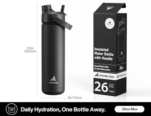 POWCAN 26 oz Insulated Water Bottle with 2-in-1 Straw and Spout Lid, Keep Cold 24H, Leak-Proof, Fits in Car Cup Holder, Stainless Steel Water Bottle for Sports, Travel, and School (Dark Knight)
