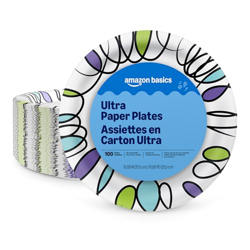 Amazon Basics Ultra Paper Plates, 10 Inch, Disposable, 100 Count, Packaging May Vary