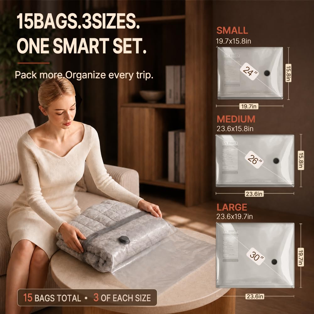 Vacbird Travel Vacuum Bags with Rechargeable Pump, Carry-On Space Saver | See Contents Easily with Transparent Bags, 1500mAh Pump Compresses 90+ Bags, Carry-On Size for Easy Travel Packing