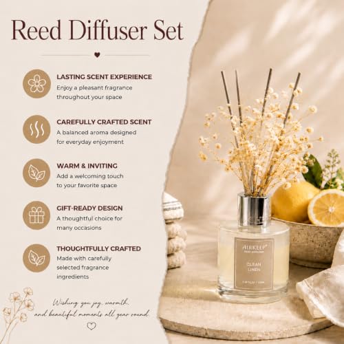 Airkeep Reed Diffuser Set,3.38 fl oz (100 ml) - Clean Linen Oil Diffusers with 8 Reed Sticks,Home Fragrance Reed Diffuser for Bathroom Shelf Decor