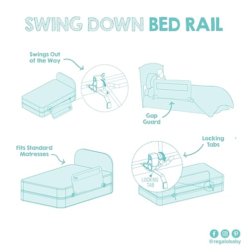 Regalo Swing Down Toddler Bed Rail Guard, NO Tools Required, Bed Rail for Toddlers with Patented Gap Guard, Toddler Bed Rail, Fits Twin, Full & Queen Beds, Bed Safety Rail for Kids Bed, 43” Long