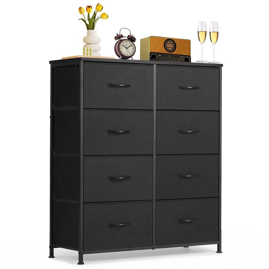 8-Drawer Dresser for Bedroom, Anti-Tip Tall Storage Organizer | Chest of Drawers with Wooden Top and Metal Frame Fabric Bins for Closet, Living Room, Hallway, Entryway, Black