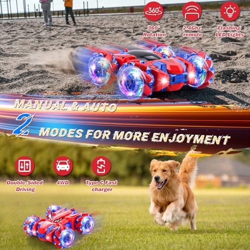 Spider Remote Control Car Headlight Double Sided Off-Road 360° Rotating Car | 2.4Ghz Rechargeable RC Stunt Car 4WD RC Drift Stunt Car for Boys Indoor Outdoor Toys 4-6 5-7 8-13