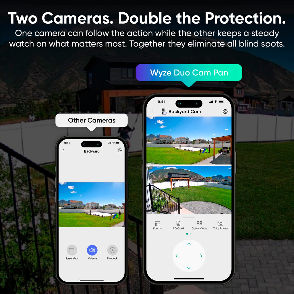 WYZE Duo Cam Pan Indoor/Outdoor IP65 2K 360° Pan/Tilt Smart Home Security Camera with Color Night Vision, Compatible with Alexa & Google Assistant, White
