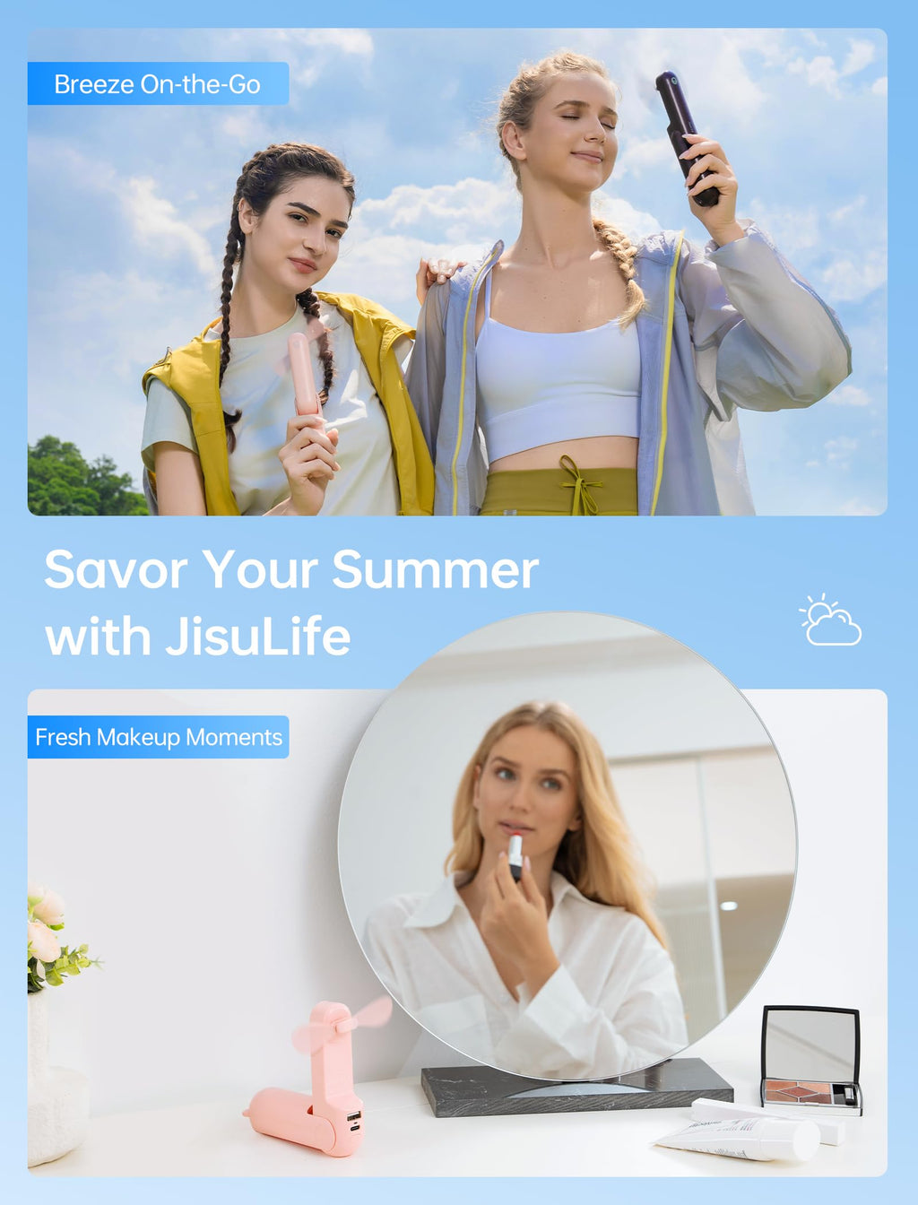 JISULIFE 3 IN 1 Portable Fan with Power Bank & Flashlight Featured | 19H Max Cooling, USB Rechargeable, Pocket-Sized Handheld Fan for Travel, Cruise, Concerts, Makeup, Halloween Gifts for Women