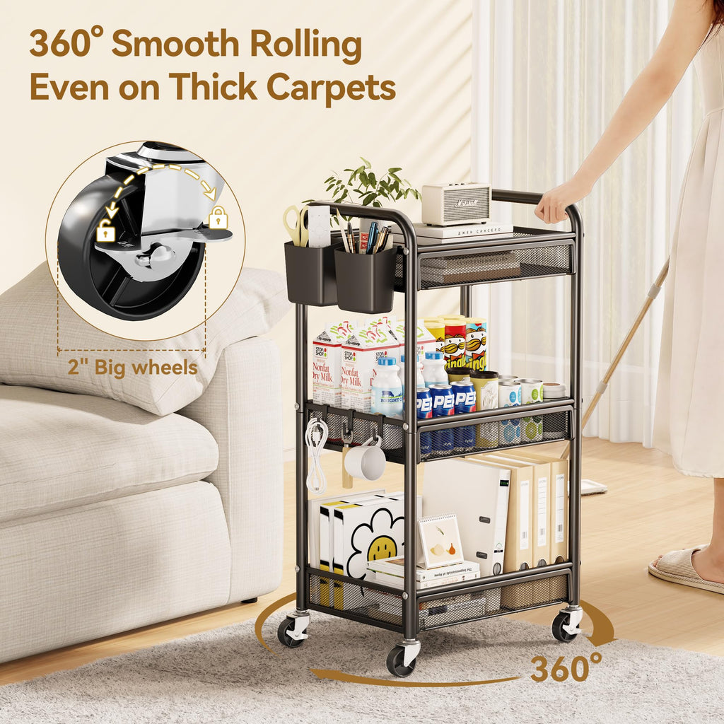 YASONIC 3 Tier Metal Rolling Cart, Black Utility Storage Cart with Wheels | Metal Mesh Craft Cart With Hooks & Hanging Cups, Ideal For Kitchen, Bathroom, Office, Dorm, Art Workspace, Bedside Storage