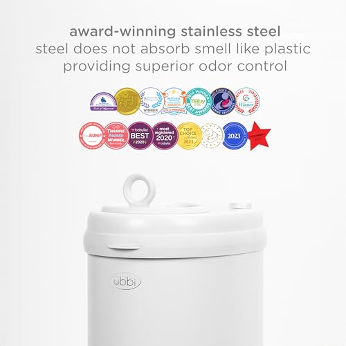 Ubbi Stainless Steel Diaper Pail, No Special Bags, Odor-Locking, White | Award-Winning Registry Must-Have, Childproof Safety Lid with Lock, Holds Up To 55 Newborn Diapers, Modern Nursery Essential