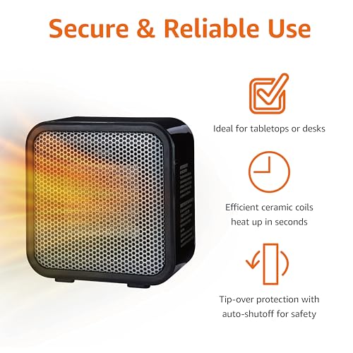Amazon Basics Ceramic Portable Mini Space Heater for Office Desk, Indoor Use, Fast Heating, 500W, With Tip-Over Protection, Lightweight 1.4 lbs, Black, 5.87"D x 3.15"W x 5.95"H