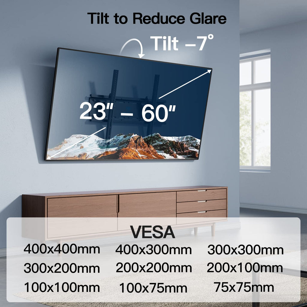 PERLESMITH Tilting TV Wall Mount for 23–60 inch TVs up to 115 lbs | Fits 16" Wood Stud, 1.2 inch Low Profile for Space Saving, Pull-Cord Release for Easy TV Removal, Max VESA 400x400mm