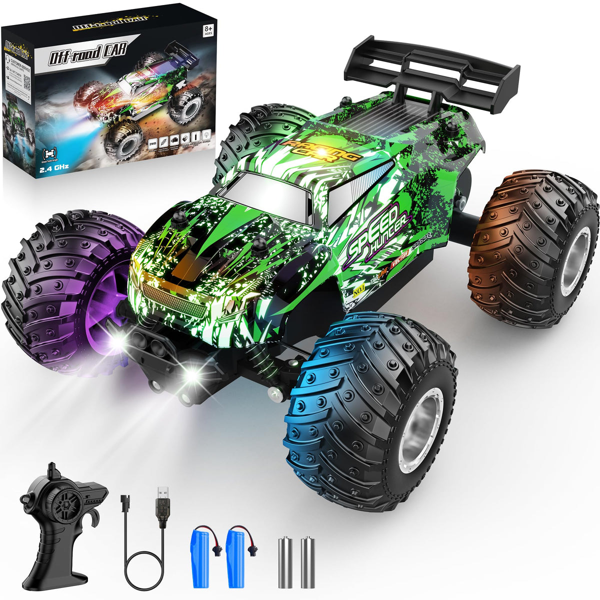 Remote Control Car All-Terrain 1:18 Rc Car with LED Lights 2 Batteries | 2WD Rc Truck, 50Min Play, 2.4GHz, 20KM/H Sturdy Off Road Remote Control Truck Toys for Boys Girls, Christmas Birthday Gift
