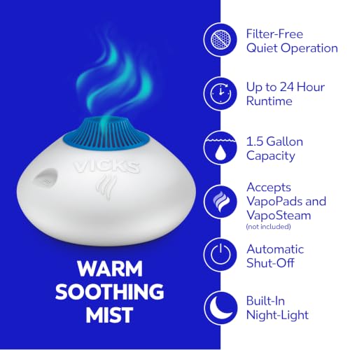Vicks Warm Steam Vaporizer Humidifier for Medium and Large Rooms, 1.5 Gal | Warm steam humidifier provides warm relief at night for nasal congestion, can be used with VapoPads and VapoSteam