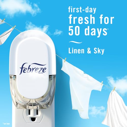 Febreze Plug-In Air Freshener, Odor-Fighting Scented Oil Refill, Air Fresheners for Home and Bathroom and Kitchen, Long Lasting for Strong Odors, Linen & Sky Scent, 0.87oz Refills, 3 Count (Pack of 1)