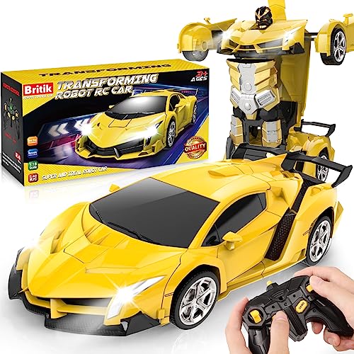 Britik Transform Remote Control Car Toys for Boys 4-6, Drift RC Car Yellow | Transform Cars, Gift for Boy Ages 4-12 Years Old, One-Button Transforming, 360° Rotation, 2.4GHZ 1:18 Scale, Robot Toy Car
