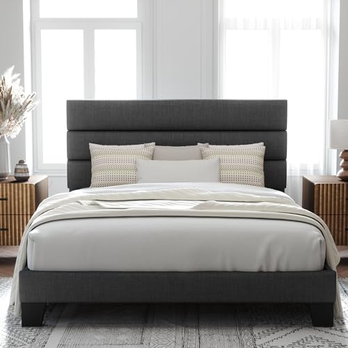 Allewie Queen Size Platform Bed Frame with Fabric Upholstered Headboard | Wooden Slats Support, Fully Upholstered Mattress Foundation, No Box Spring Needed, Easy Assembly, Noise-Free, Dark Grey