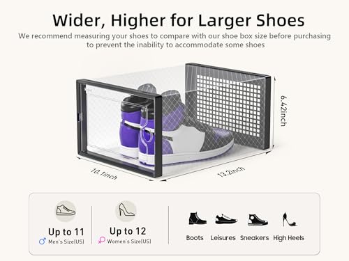 Kuject X-Large Shoe Storage Boxes 12 Pack, Clear Stackable Shoe Organizer | Drop-Front Space-Saving Shoe Cases for Closet, Entryway & Under-Bed Storage, Family Organizer,Black