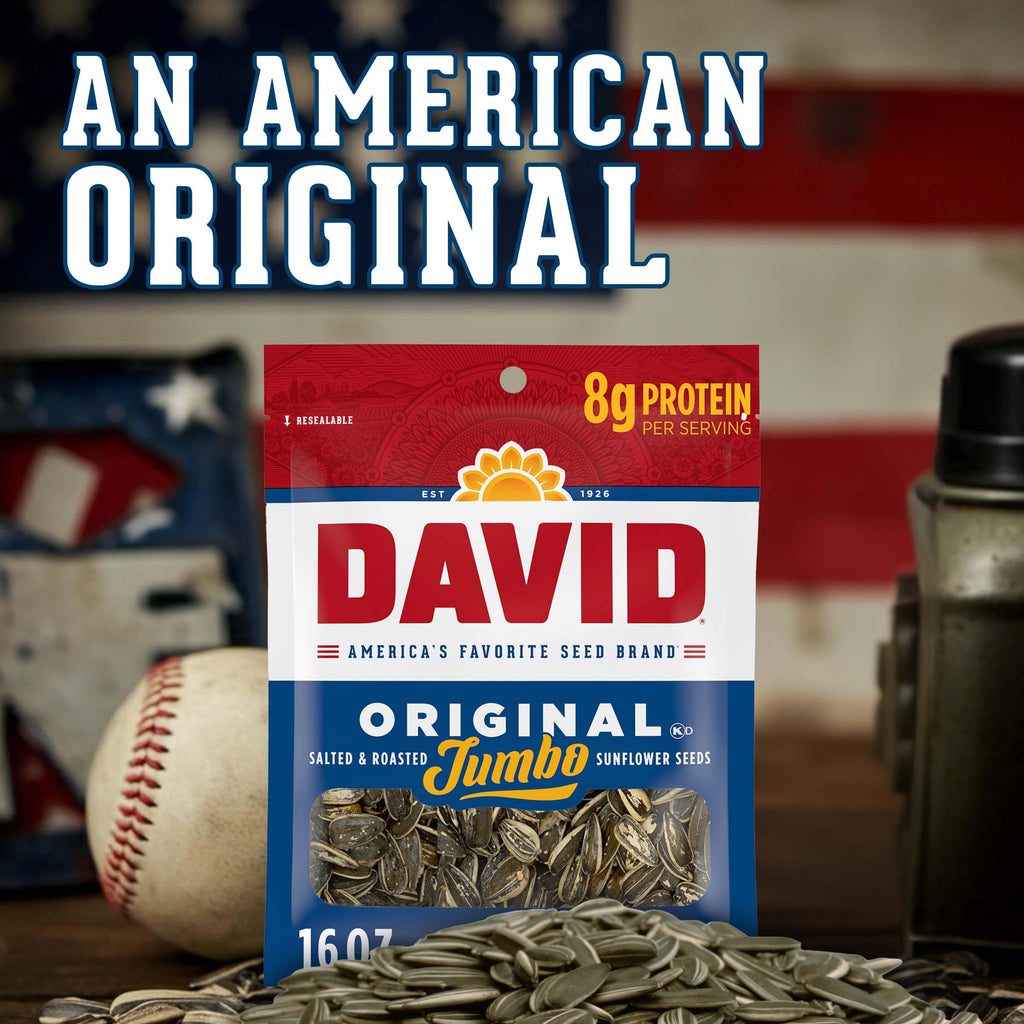 DAVID Jumbo Sunflower Seeds, Original Flavor, 16 oz. | 8g protein per serving; Original flavor; great for baseball games & road trips; also perfect for desk snacking