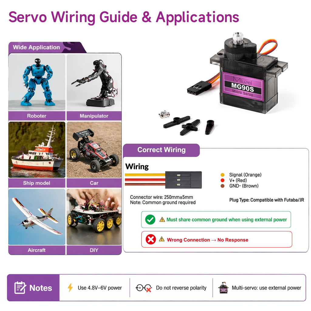 Miuzei MG90S 9G Micro Servo Motor Metal Gear for RC Plane Robot Arduino (4) | 2.0 kg.cm Torque, 0.08sec/60°Speed. 9 gram Mini Digital 180 Degree Steering Servo Kit for Helicopter Airplane Car Boat Diy