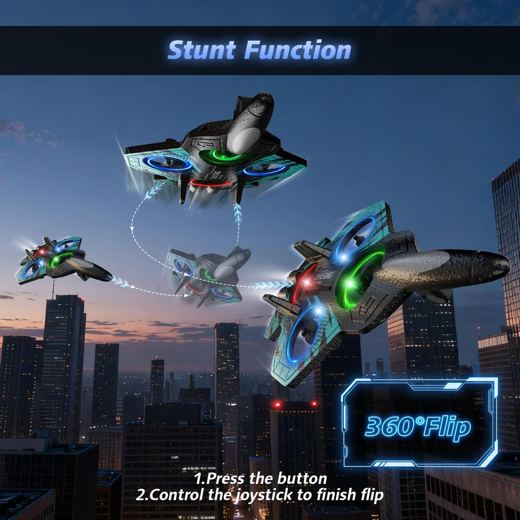 FUNPX Foam RC Plane with 3 Drone Batteries and 3*AAA Batteries (Black/Blue) | 360° flips & stunts, LED night flying, headless mode for easy control, durable foam construction, ideal for beginners aged 6+