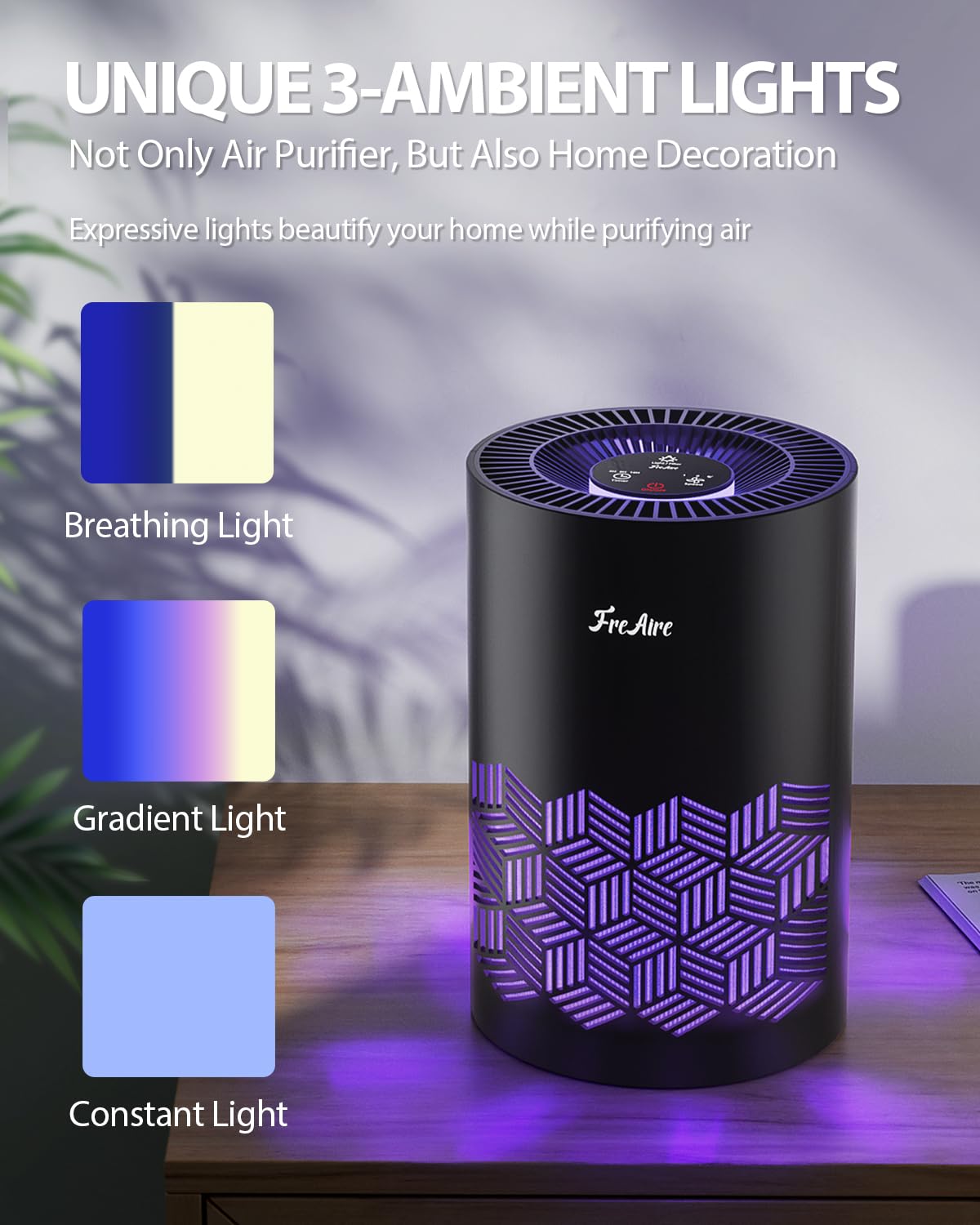 FreAire Air Purifiers for Bedroom Up to 1086 Ft², KN6391RGB, Black | HEPA Air Purifier with 360° Airflow, 20 dB Sleep Mode, 3 Ambient Lights & Aroma Pad for Dust, Smoke, PoIIen & Pet Dander