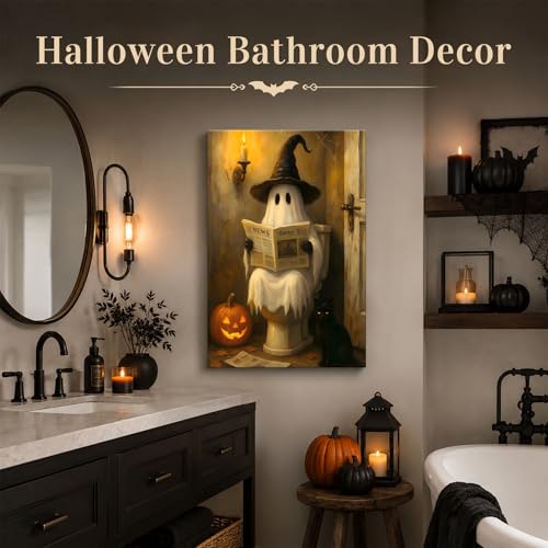 Framed Halloween Ghost Bathroom Canvas Wall Art 8x12 In, Funny Spooky Toilet Scene Canvas Prints Artwork, Dark Halloween Wall Decor Pictures for Office Home Decoration